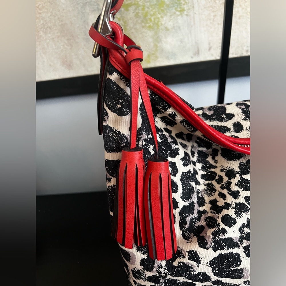 COACH Legacy Ocelot Print Hobo Black Red Multi Canvas Leather Handbag - Picture 4 of 14